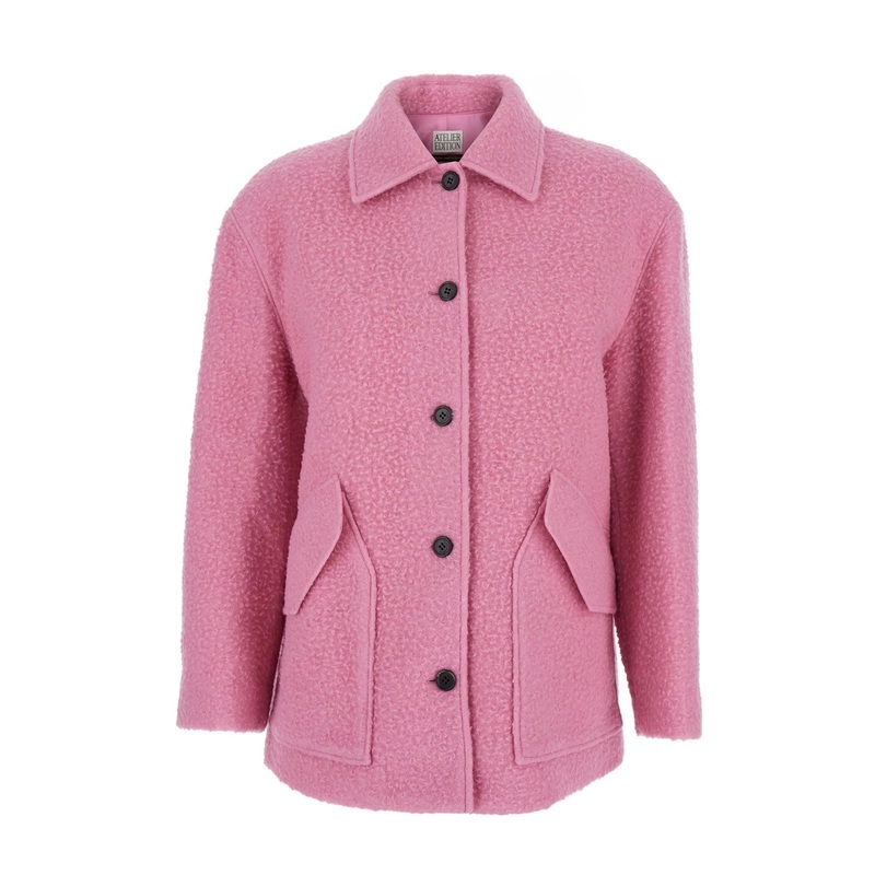 Pink Jacket with Classic Collar and Two Front Diagonal Pockets in Wool Blend Woman
