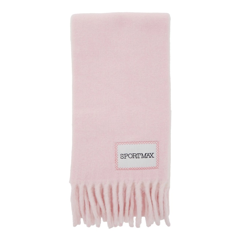 Pink Scarf with Logo Patch on the Front and Fringed Hem in Wool Blend Woman