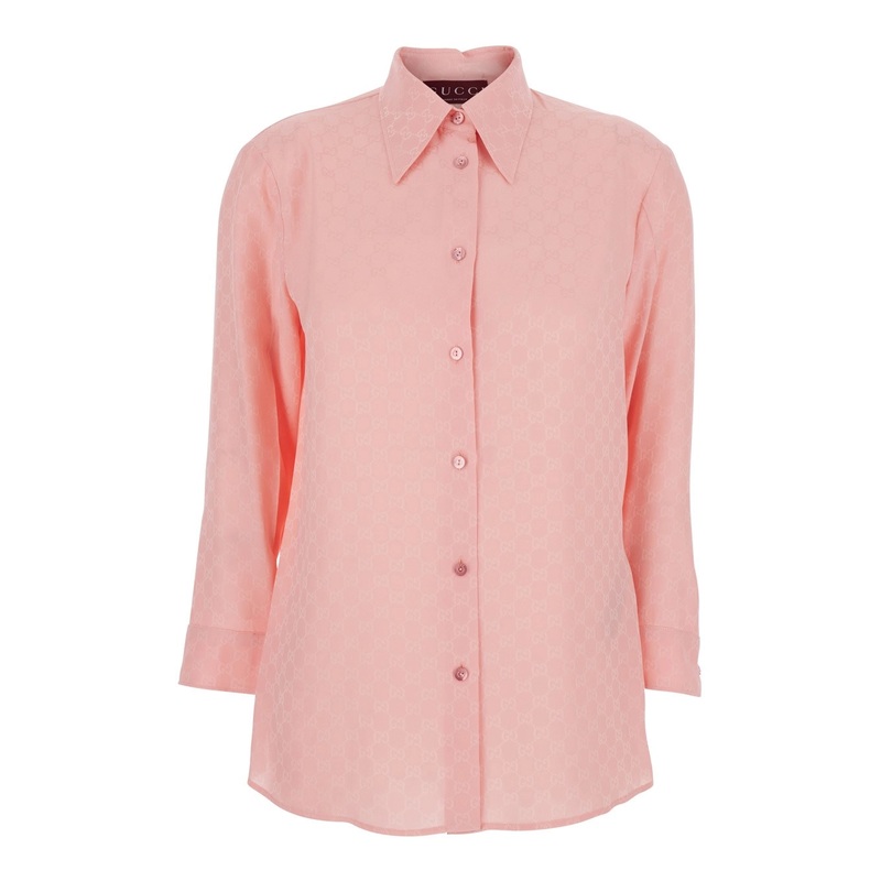 Pink Shirt with Pointed Collar and Buttoned Cuffs in Silk GG Jacquard Woman