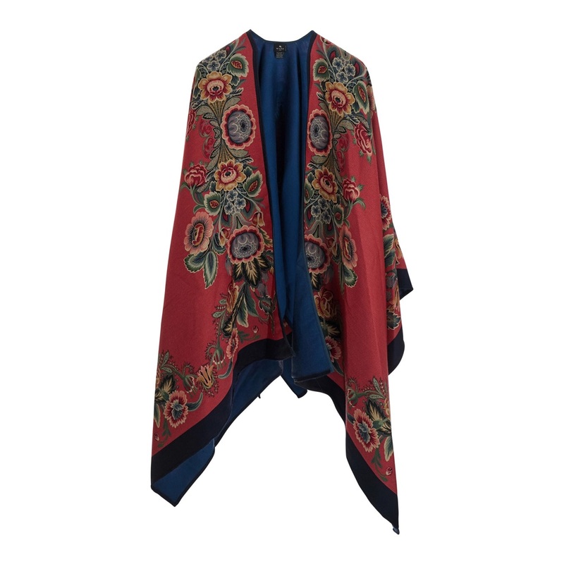 Red Cape with All-Over Floral Motif in Wool Blend Woman