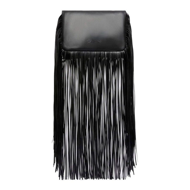 ‘Soffy’ Black Handbag with Adjustable and Removable Shoulder Strap and Oversized Fringe Embellishments in Leather Woman