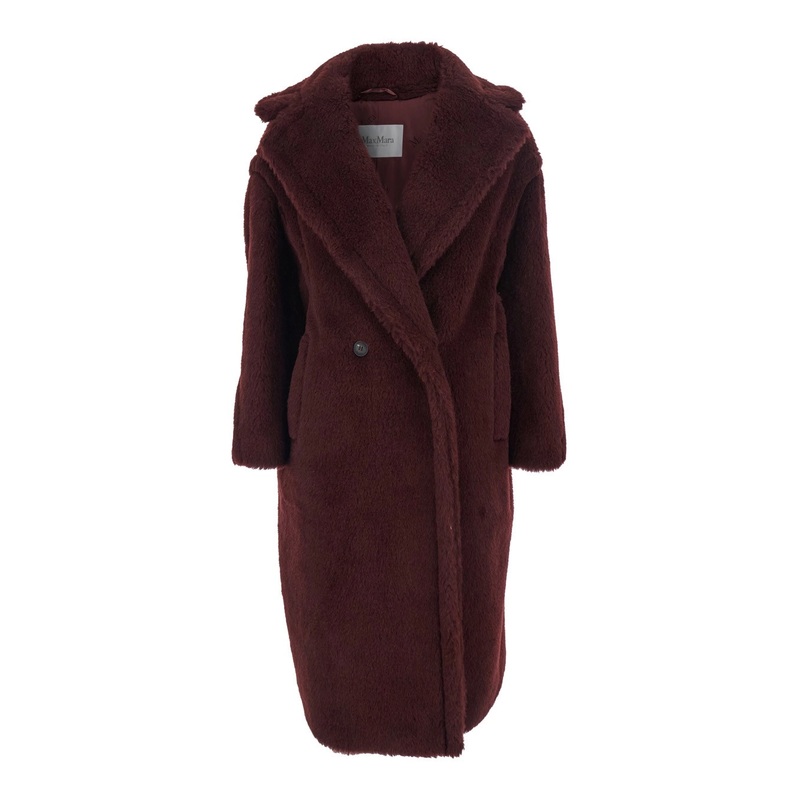 ‘Ted Girl’ Bordeaux Double-Breasted Coat with Wide Notched Revers in Wool and Silk Blend Woman