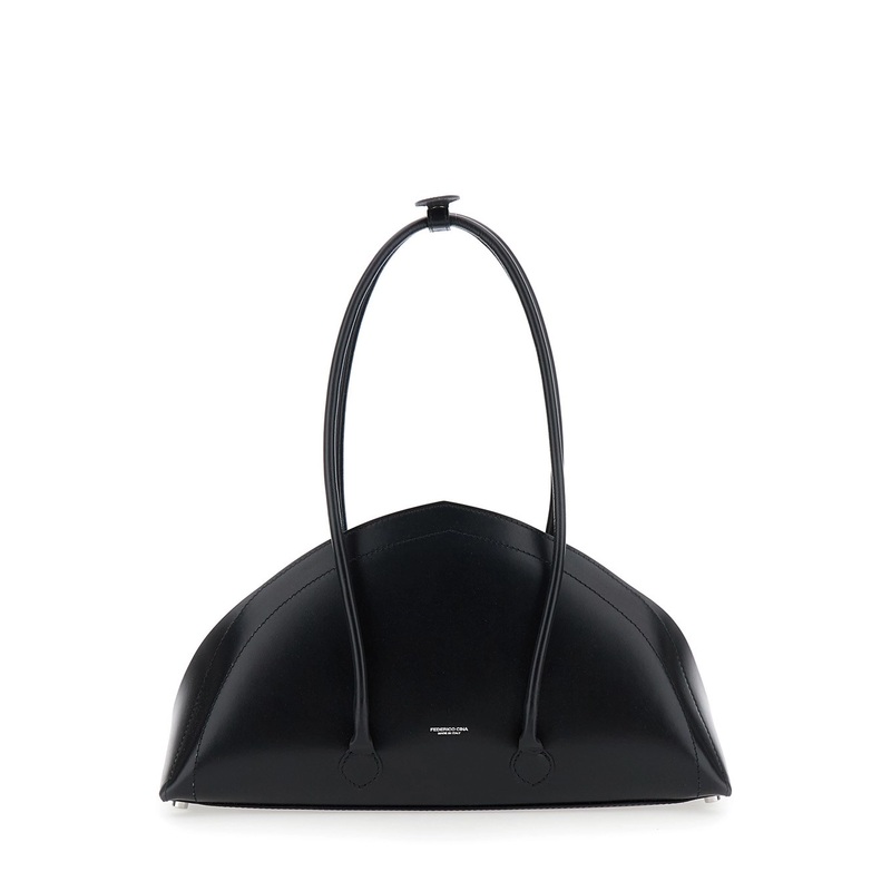 ‘Tortellino’ Black Shoulder Bag with Double Top Handles in Leather Woman