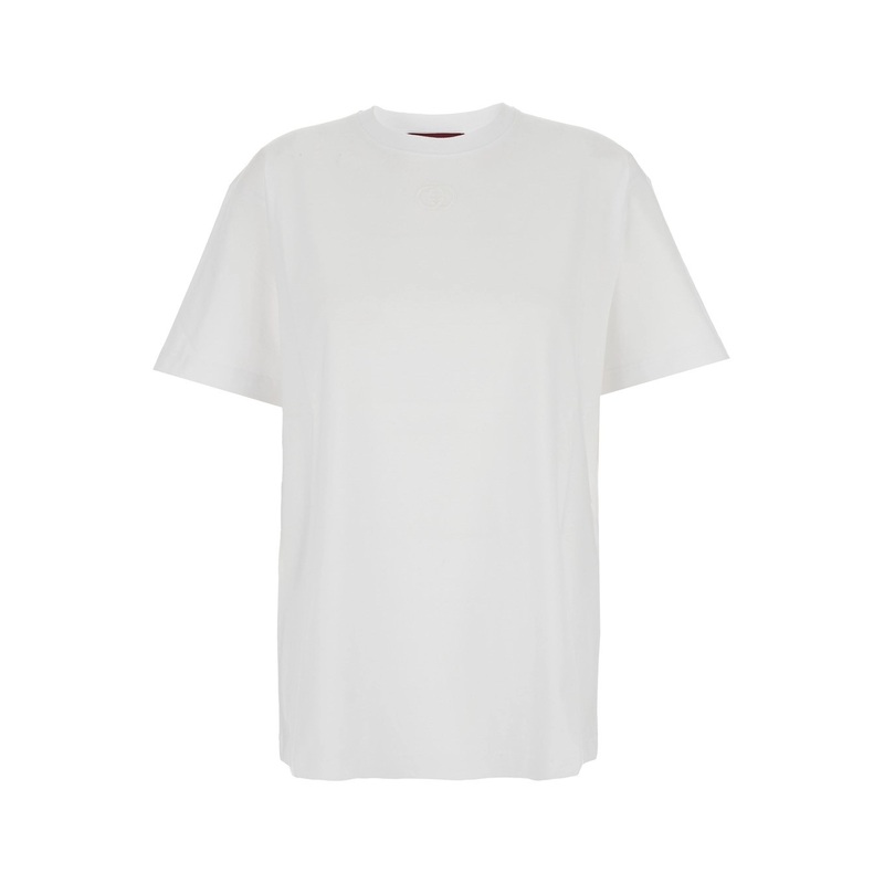 White Crewneck T-Shirt with Tonal GG Embroidery on the Front in Cotton Woman