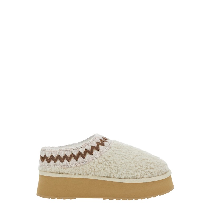 White Mules with Braided Detail in Faux Fur Woman