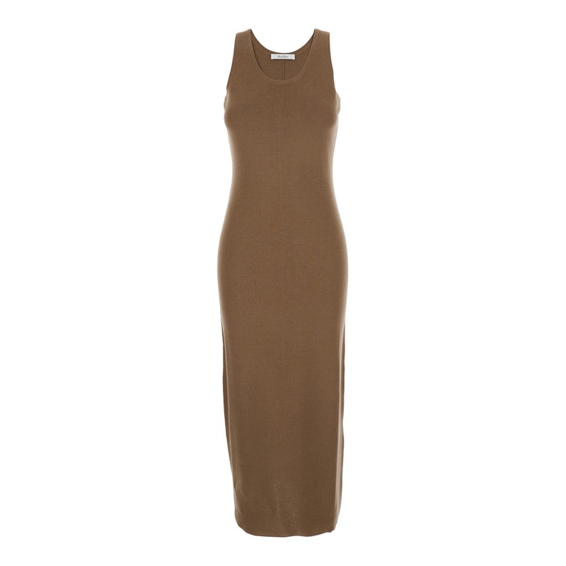‘Aceri’ Brown Dress with Round Neck and Rear Single Slit in Wool Woman