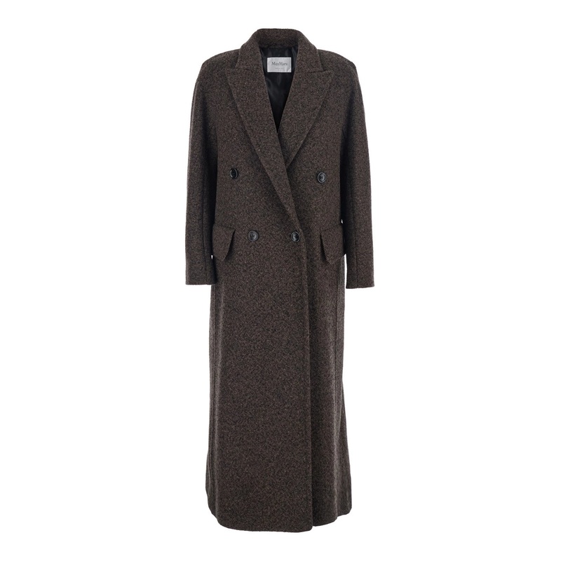 ‘Arco’ Brown Double-Breasted Coat with Peak Revers and Half Belt in Wool and Cashmere Woman