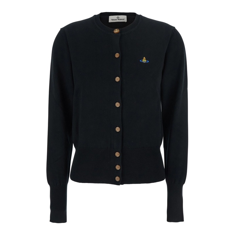 ‘Bea’ Black Cardigan with Orb Embroidery and Branded Button in Cotton and Cashmere Woman