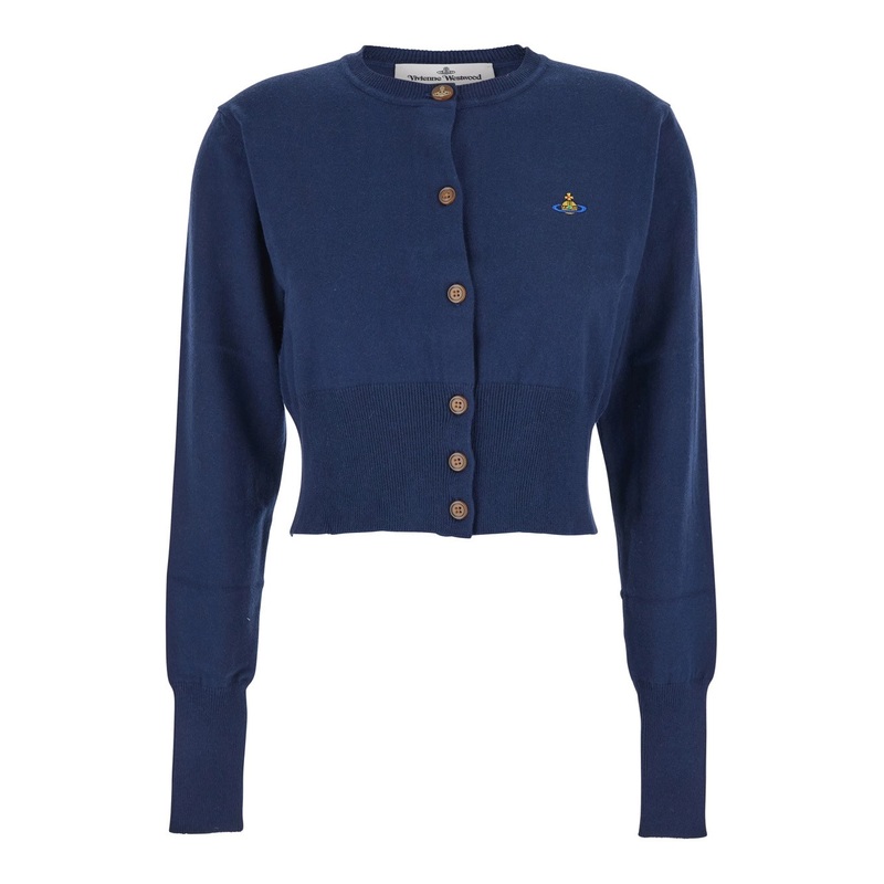 ‘Bea’ Blue Cropped Cardigan with Orb Embroidery in Cotton and Cashmere Woman
