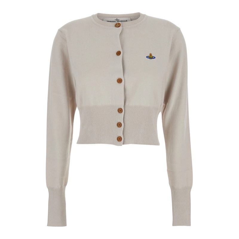 ‘Bea’ White Cropped Cardigan with Orb Embroidery in Cotton and Cashmere Woman