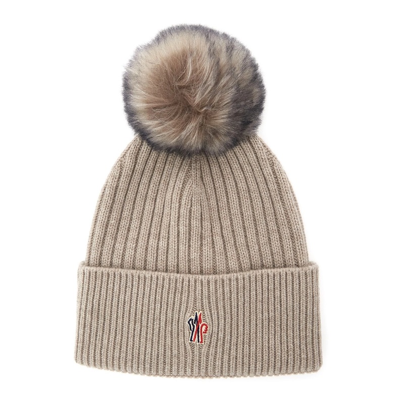 Beige Beanie with Pompon and Logo Patch onthe Front in Cashmere Woman