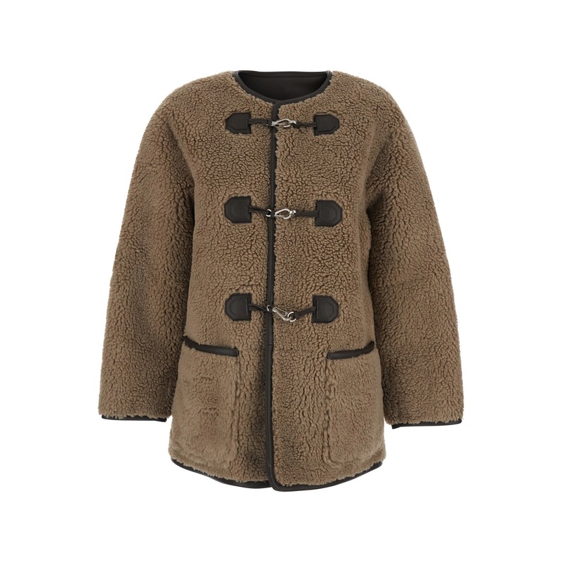 Beige Collarless Shearling Jacket with Front Toggle Closure in Ecofur Woman