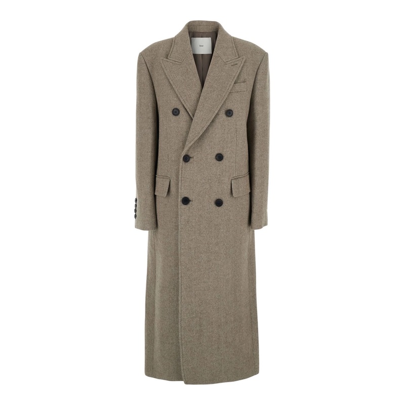 Beige Double-Breasted Coat with Peak Revers in Wool Woman