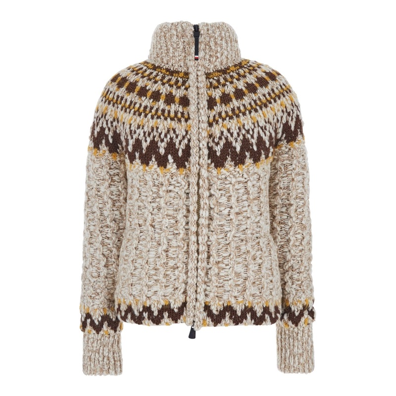 Beige Jacket with Geometric Motif and Ribbed Trims in Wool Blend Woman