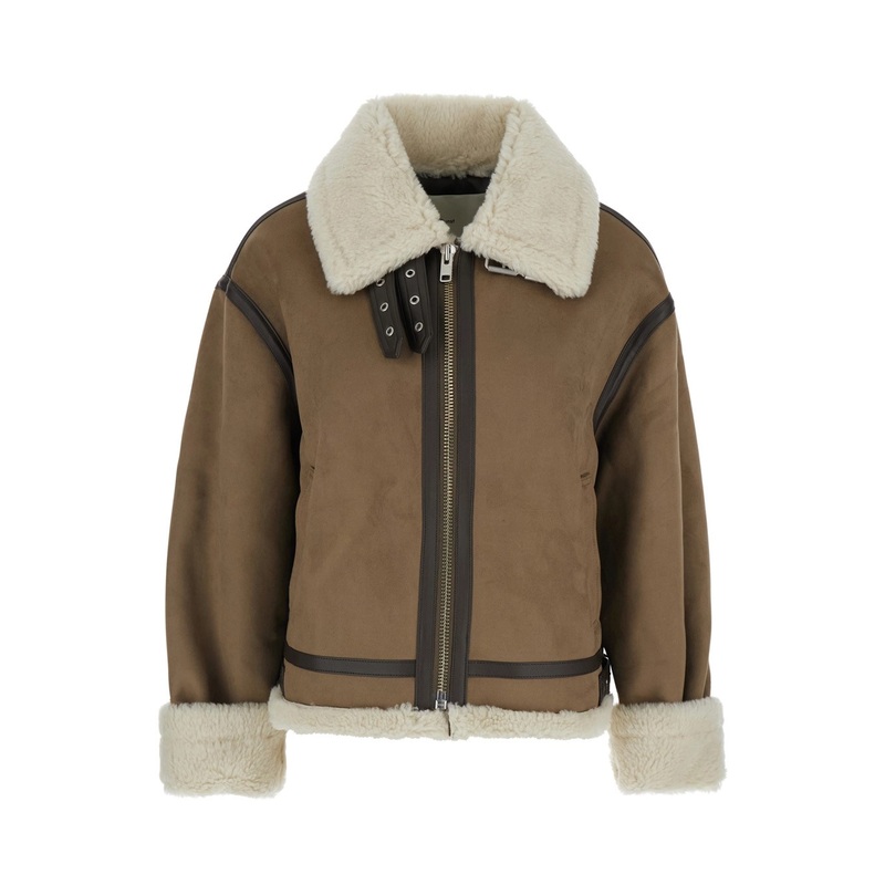 Beige Shearling Jacket with Leather Details and Belted Collar in Ecofur Woman