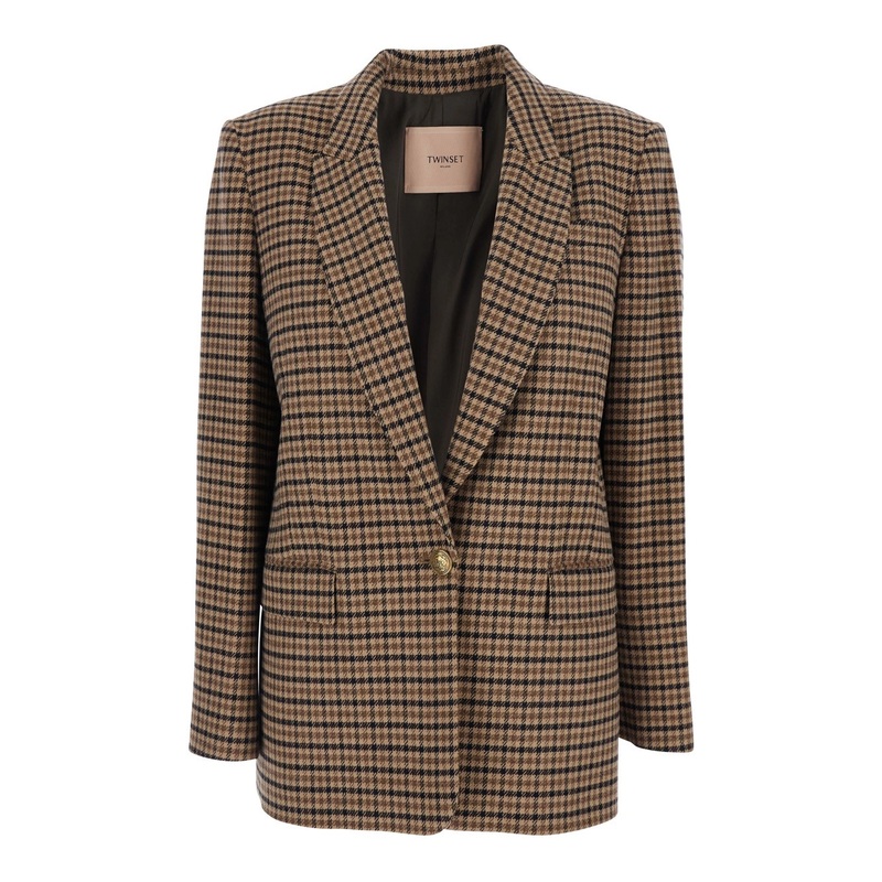 Beige Single-Breasted Jacket with All-Over Check Motif in Wool Blend Woman