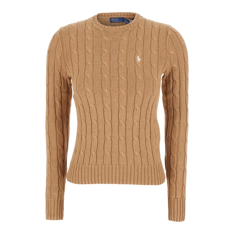 Beige Sweater with Embroidered Pony Detail on the Front in Cotton Woman