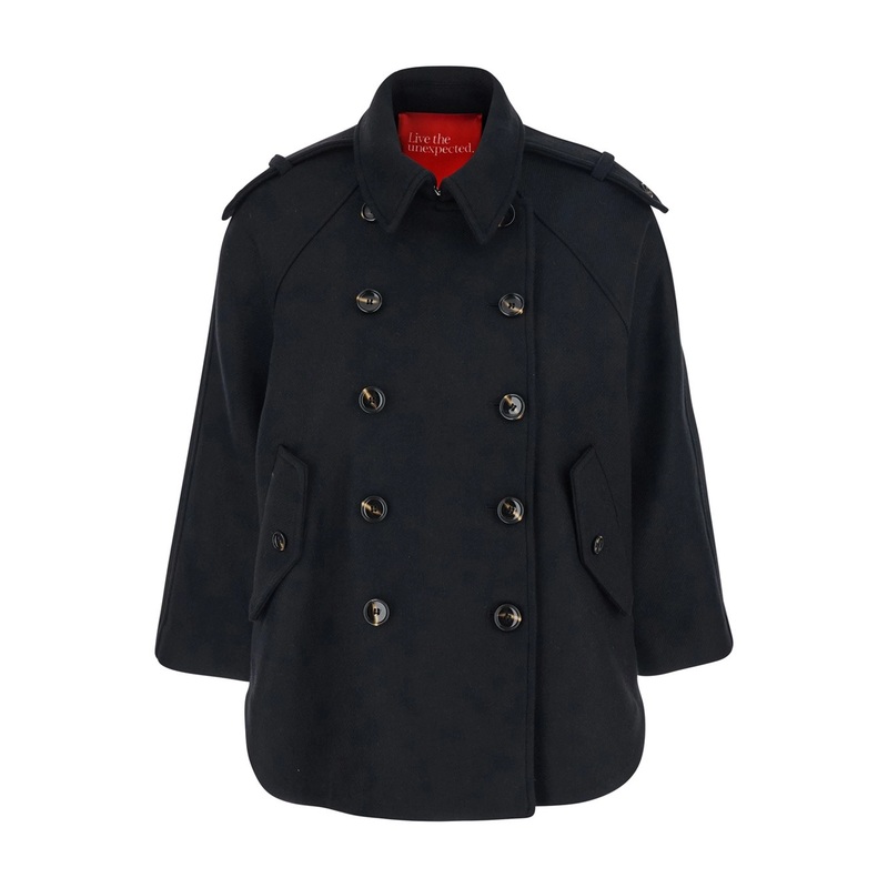 Black Double-Breasted Jacket with Epaulets and Classic Collar in Wool Blend Woman