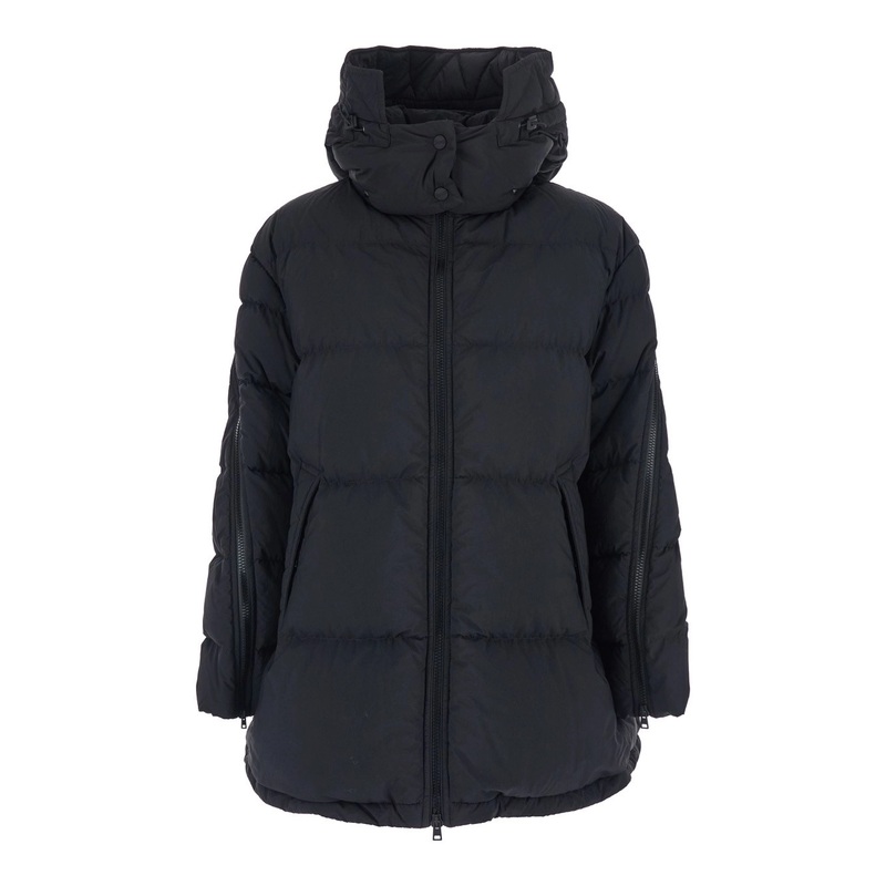 Black Down Jacket with Removable Drawstring Hood in Tech Fabric Woman