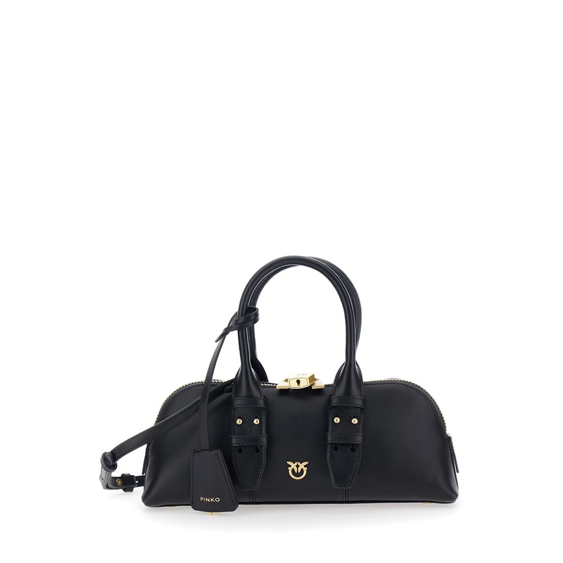 Black Handbag with Adjustable and Removable Shoulder Strap and Padlock Detail in Leather Woman