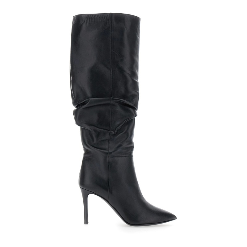 Black Knee-High Boots with Pointed Toe in Leather Woman