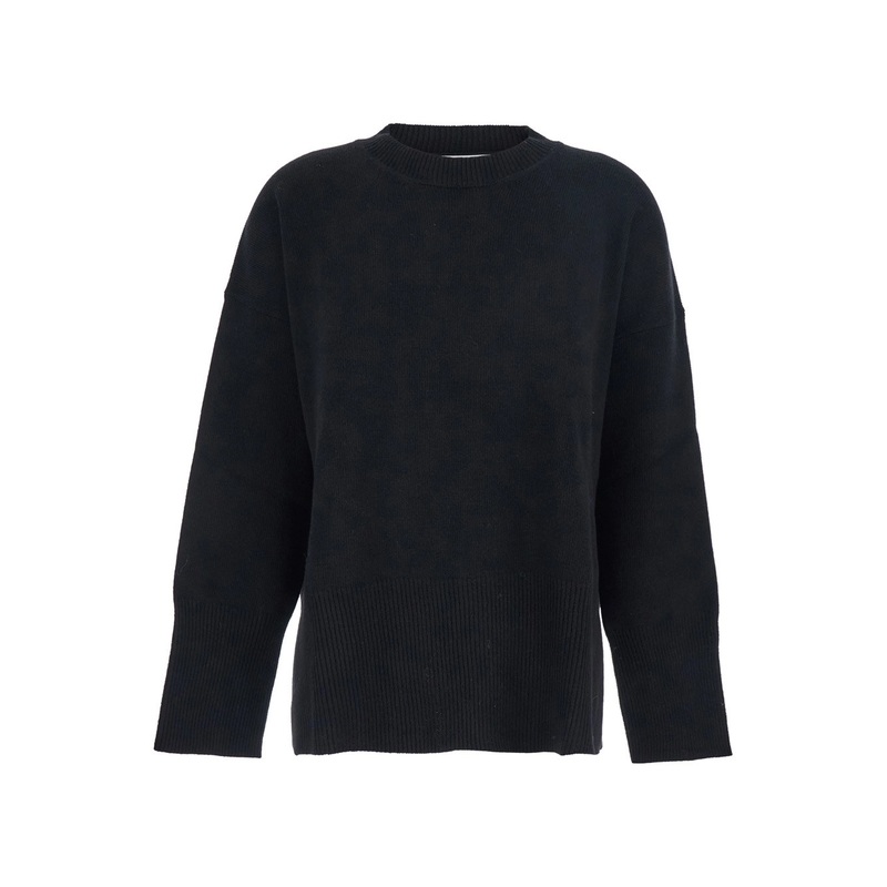 Black Oversize Crewneck Sweater with Ribbed Trims in Cotton Woman