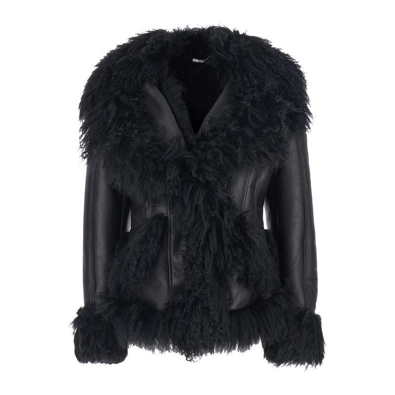 Black Shearling Jacket with Wide Revers and Front Snap Button Closure in Leather and Fur Woman