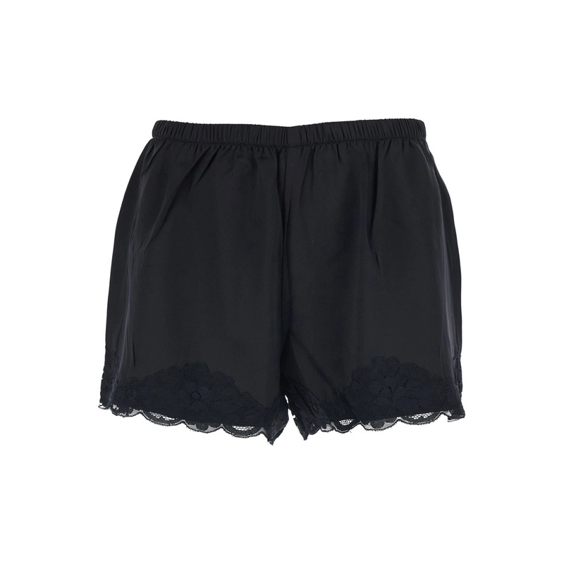 Black Shorts with Elastic Waist and Lace Details in Silk Woman