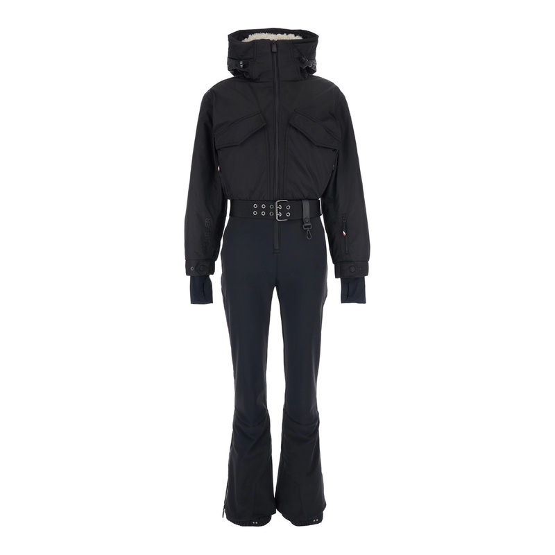 Black Ski Suit with Adjustable Waist Belt and Logo Patch on the Sleeve in Tech Fabric Woman