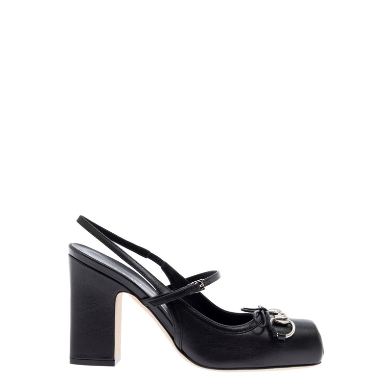 Black Slingback Pumps with Square Toe and Horsebit on the Front in Leather Woman