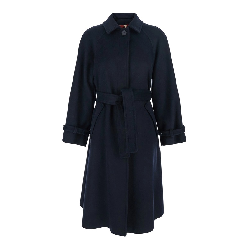 Blue Coat with Classic Collar and Front Belt in Fabric Woman