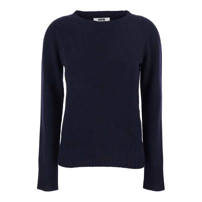 Blue Crewneck Sweater with Ribbed Trims in Wool Woman