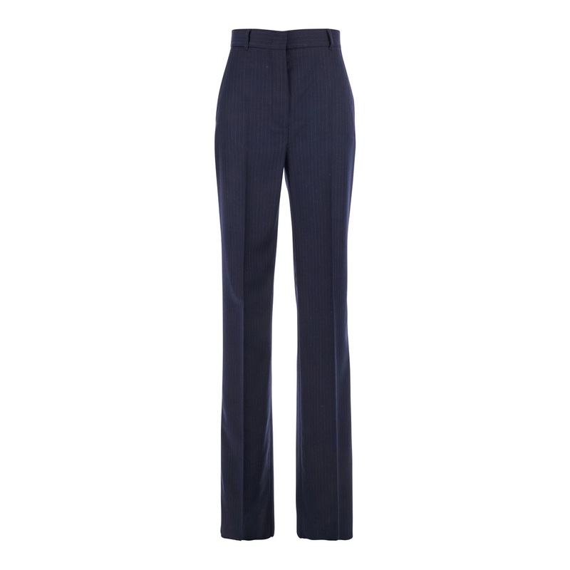 Blue Tailored Trousers with All-Over Stripe Motif in Wool Woman
