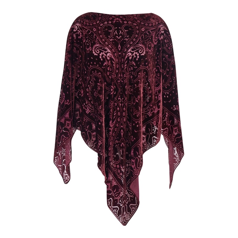 Bordeaux Cape with All-Over Paisley Motif and Triangular Hem in Silk Blend Woman