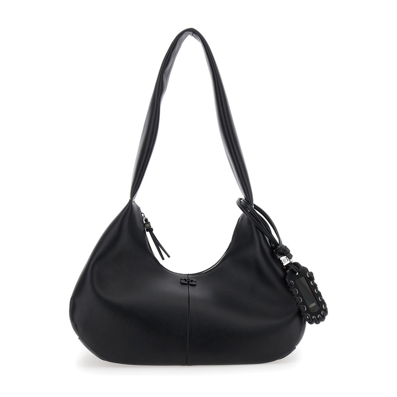 ‘Bou Bag Hobo Medium’ Black Shoulder Bag with Shoulder Strap and Removable Logo Patch in Leather Woman