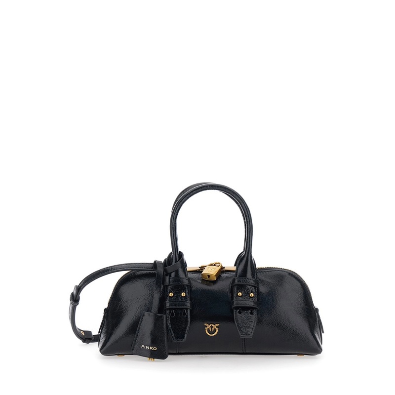 ‘Bowling’ Black Handbag with Padlock Detail and Love Birds Logo on the Front in Leather Woman