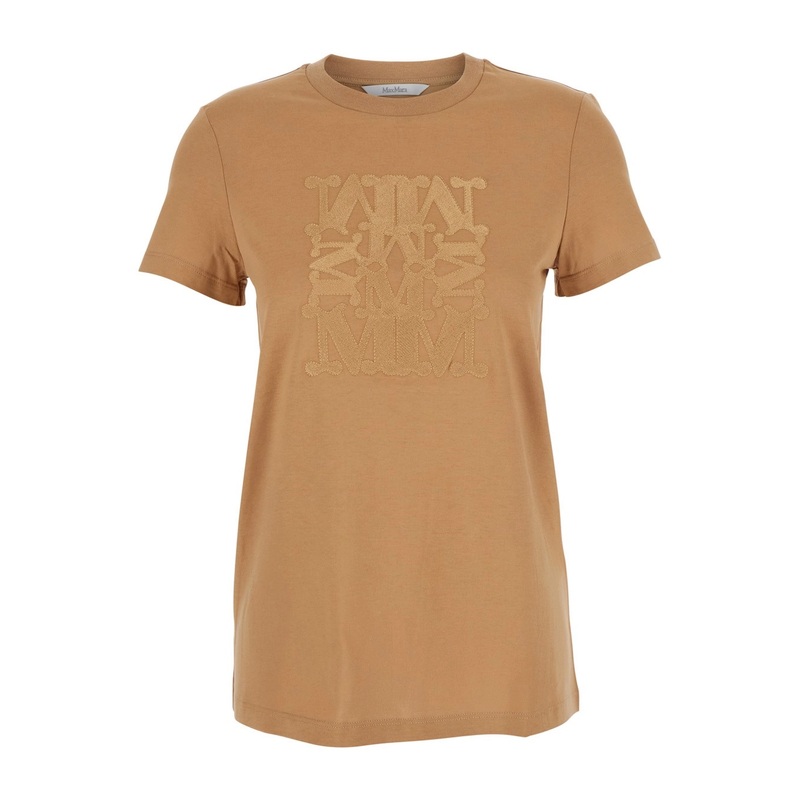 ‘Bravo’ Beige Crewneck T-Shirt with Logo Embroidery on the Front in Cotton Woman