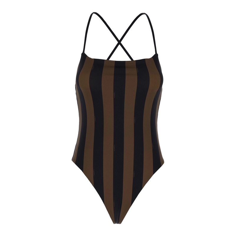 Brown and Black One-Piece Swimsuit with FF and Stripe Motif in Stretch Fabric Woman