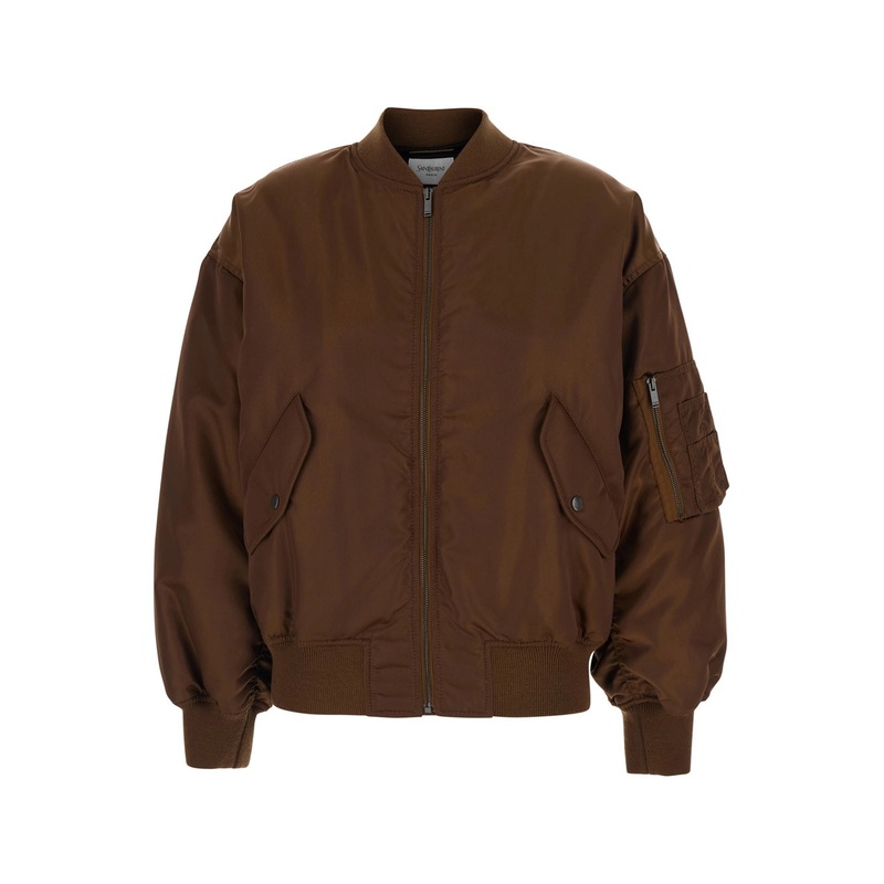 Brown Bomber Jacket with Dropped Shoulder anf Pocket on the Sleeve in Tech Fabric Woman