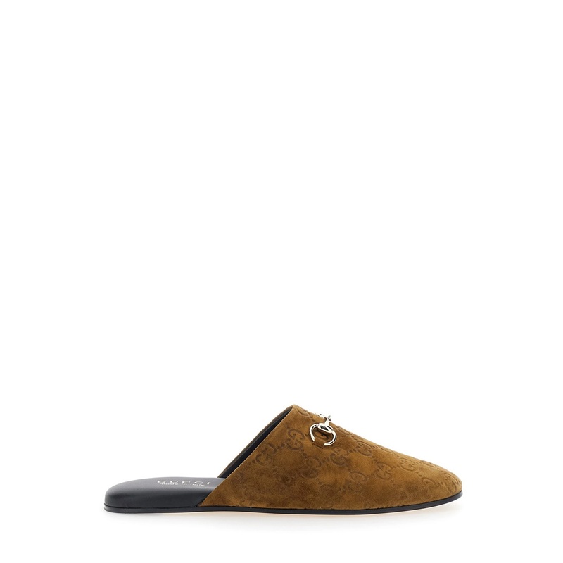 Brown Mule with Horsebit on the Front and All-Over GG Motif in Suede Woman