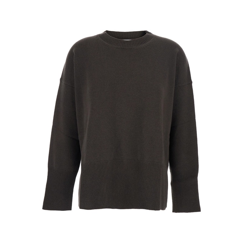 Brown Oversize Crewneck Sweater with Ribbed Trims in Cotton Woman