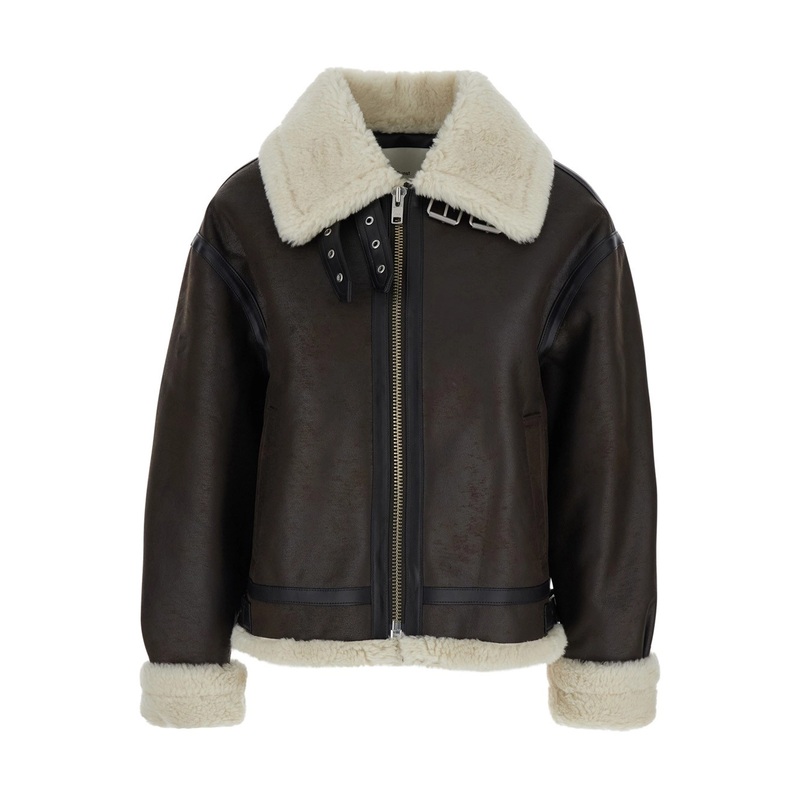 Brown Shearling Jacket with Belted Collar in Ecoleather and Ecofur Woman