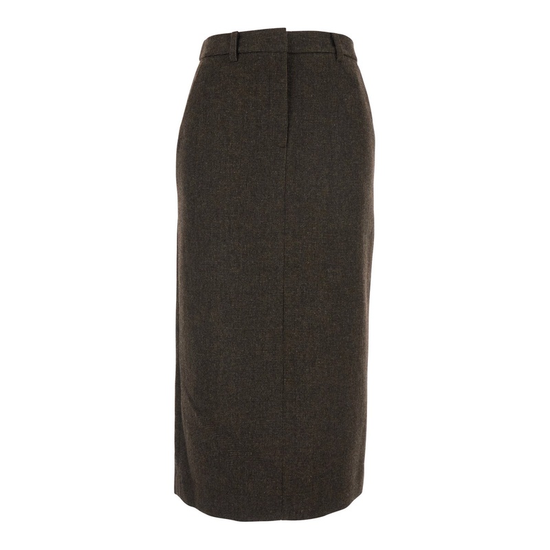 Brown Skirt with Rear Single Vent and All-Over Check Motif in Wool Blend Woman