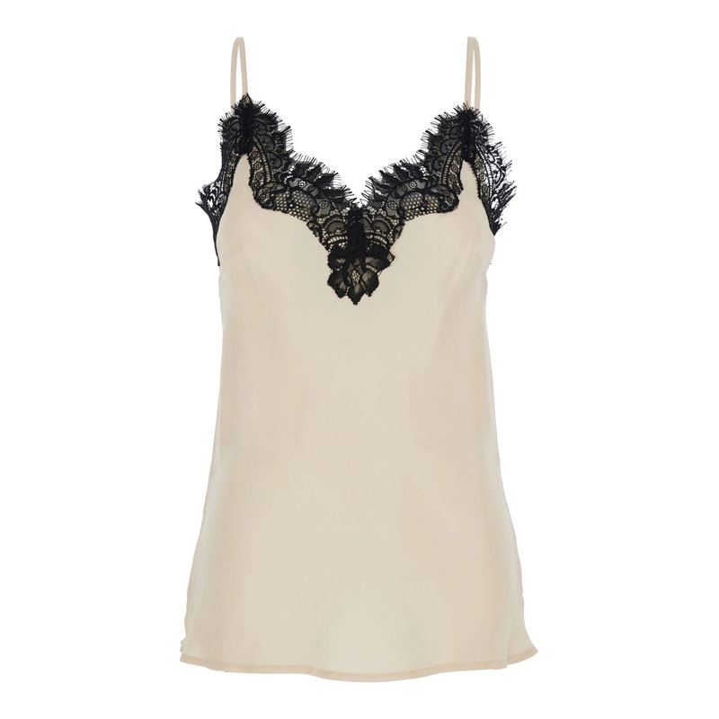‘Coco’ Pearl White Camie Top with Black Lace Trim in Silk Woman