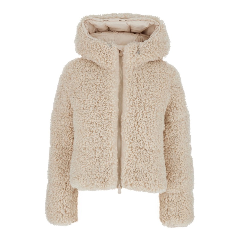 ‘Dada’ Beige Jacket with Hood and Logo Patch on the Sleeve in Ecofur Woman