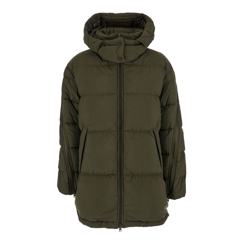 Green Down Jacket with Quilted Design and Removable Hood in Tech Fabric Woman