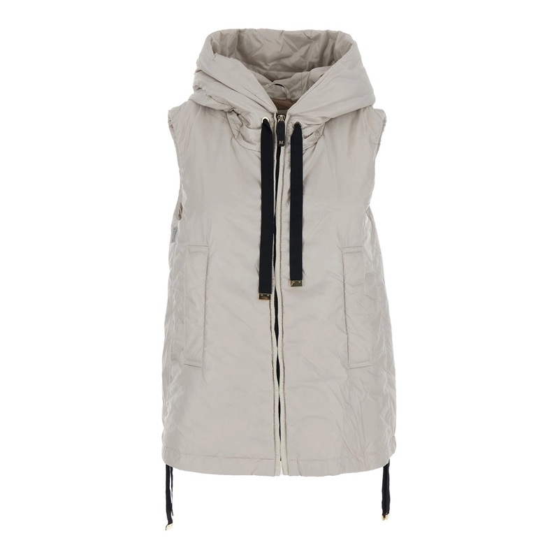 ‘Greengo’ Beige Vest with Drawstring Hood and Drawstring Waist in Tech Fabric Woman
