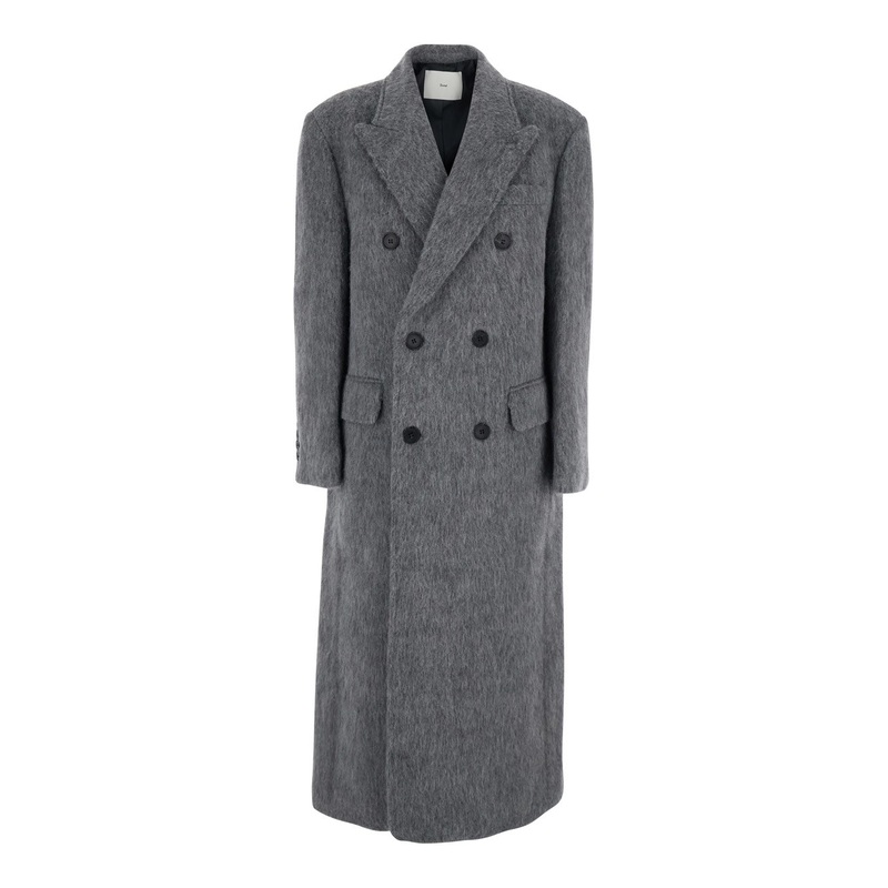 Grey Double-Breasted Coat with Peak Revers in Brushed Wool Woman