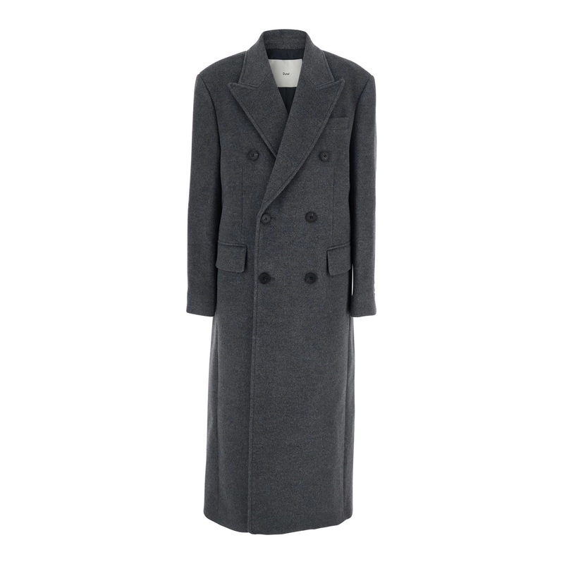 Grey Double-Breasted Coat with Peak Revers in Cashmere Woman