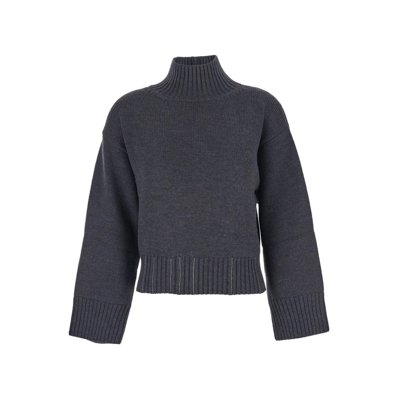 Grey Turtleneck Sweater with Beaded Embroidery on the Waist and Dropped Shoulders in Wool Woman